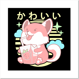 Kawaii Aesthetics Japanese Strawberry Milk Shake かわいい Fox - Pink - Strawberry Milk Posters and Art